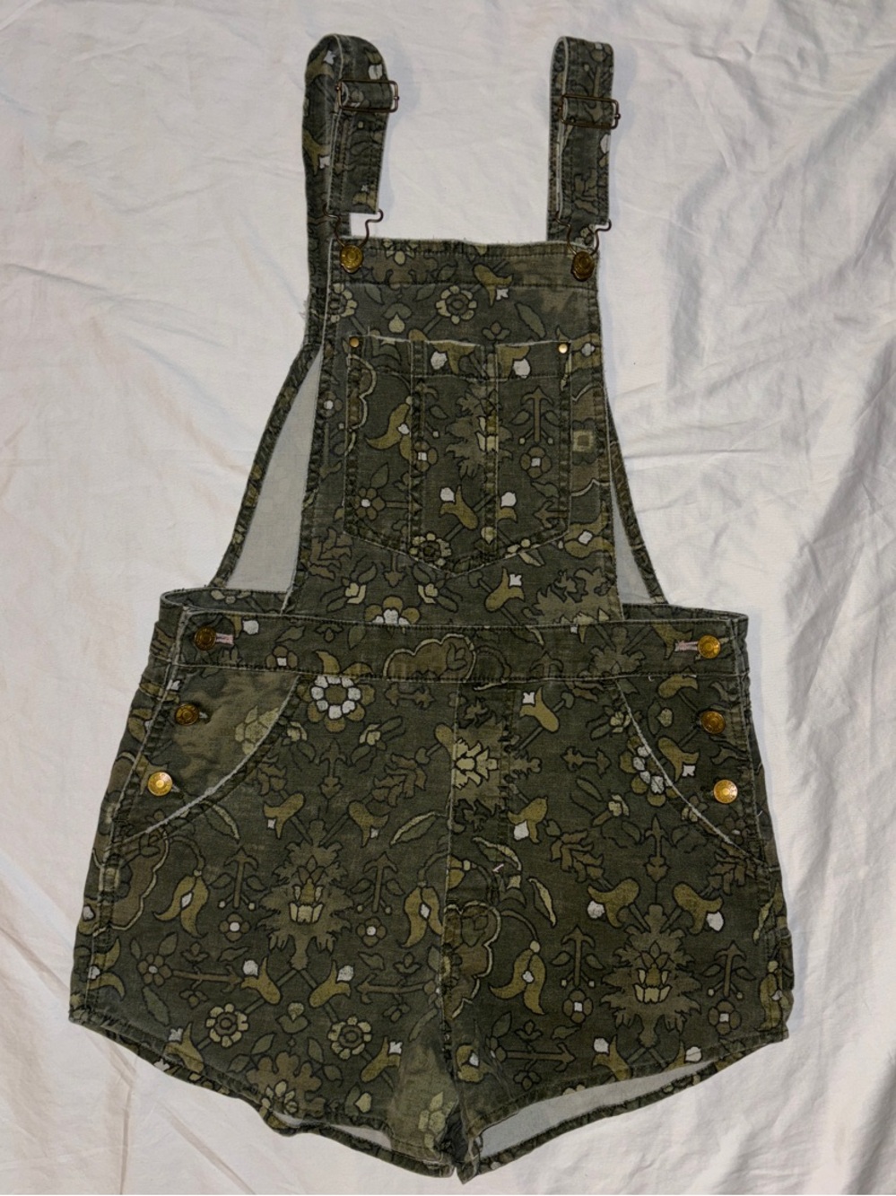 Anthropologie Pilcro Olive Green Floral Denim Shortalls - Small